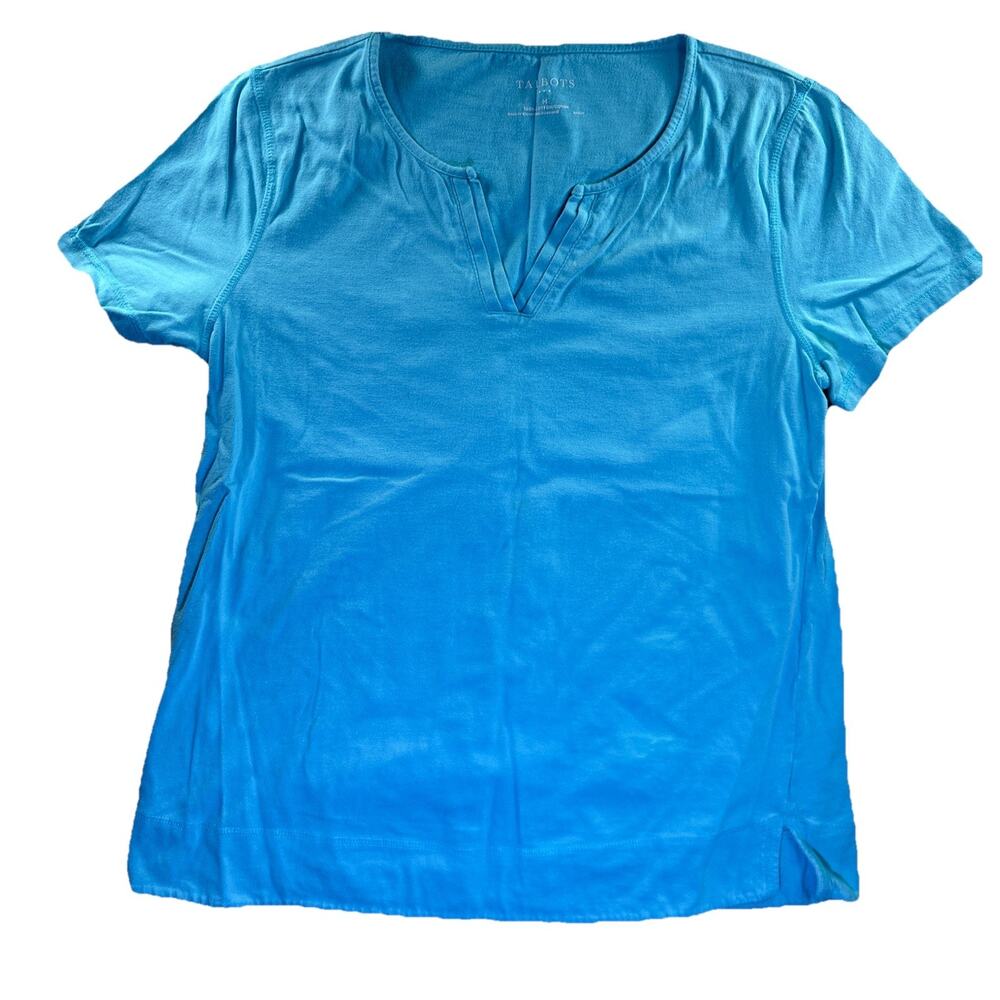 Talbots Petite Size M Turquoise Blue Short Sleeve Cotton Blend Smocked Top